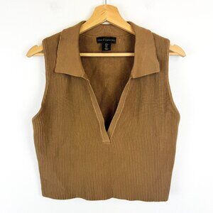 House of Harlow 1960 Brown Ribbed V-Neck Cropped Sweater Vest L